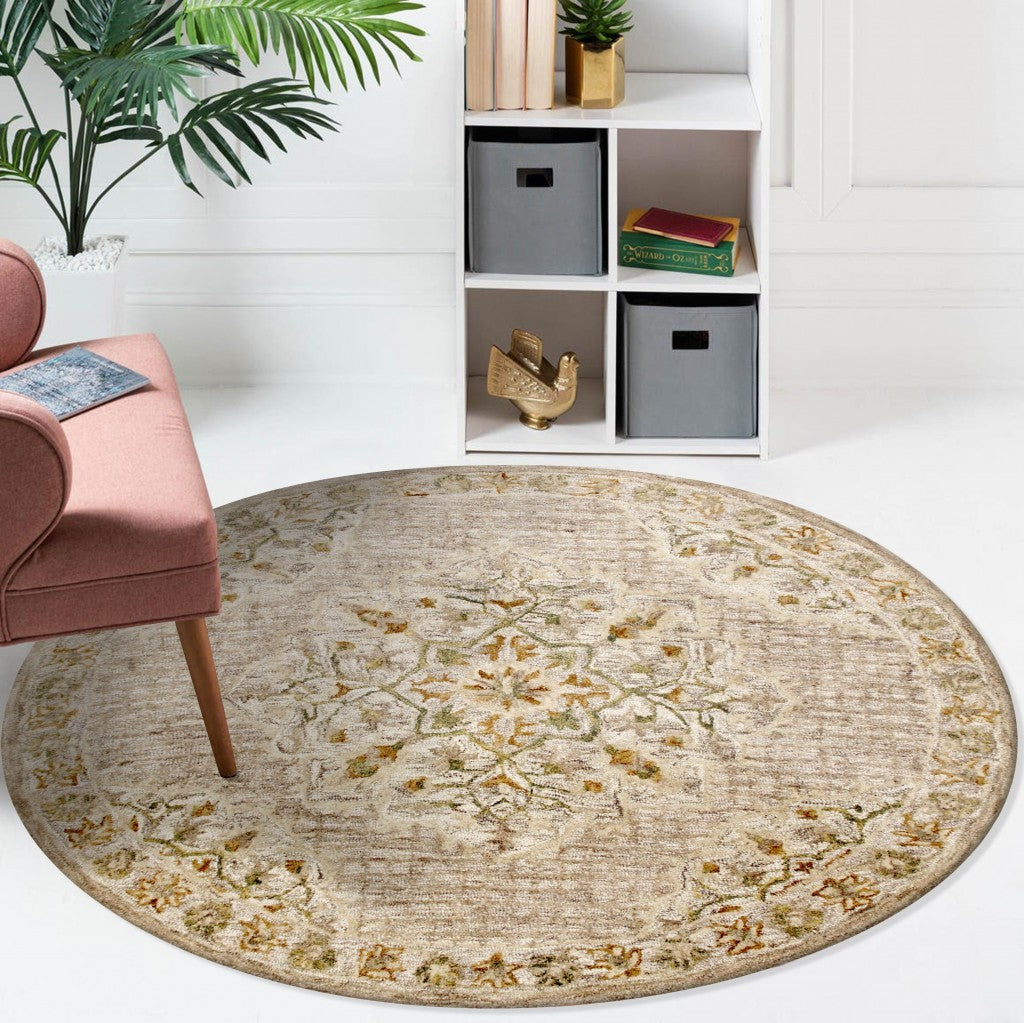 4’ Round Beige Distressed Medallion Area Rug