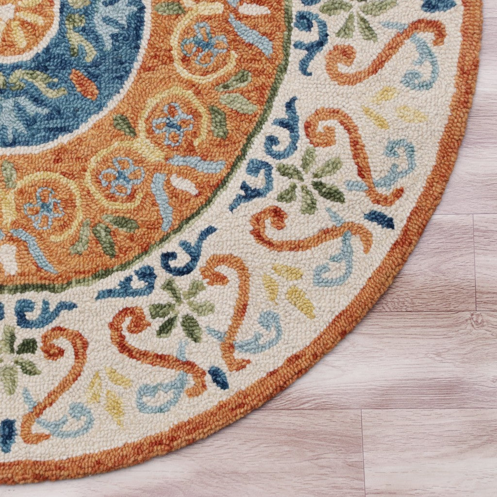 4’ Round Orange Traditional Medallion Area Rug