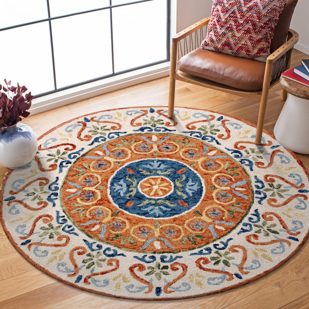 4’ Round Orange Traditional Medallion Area Rug