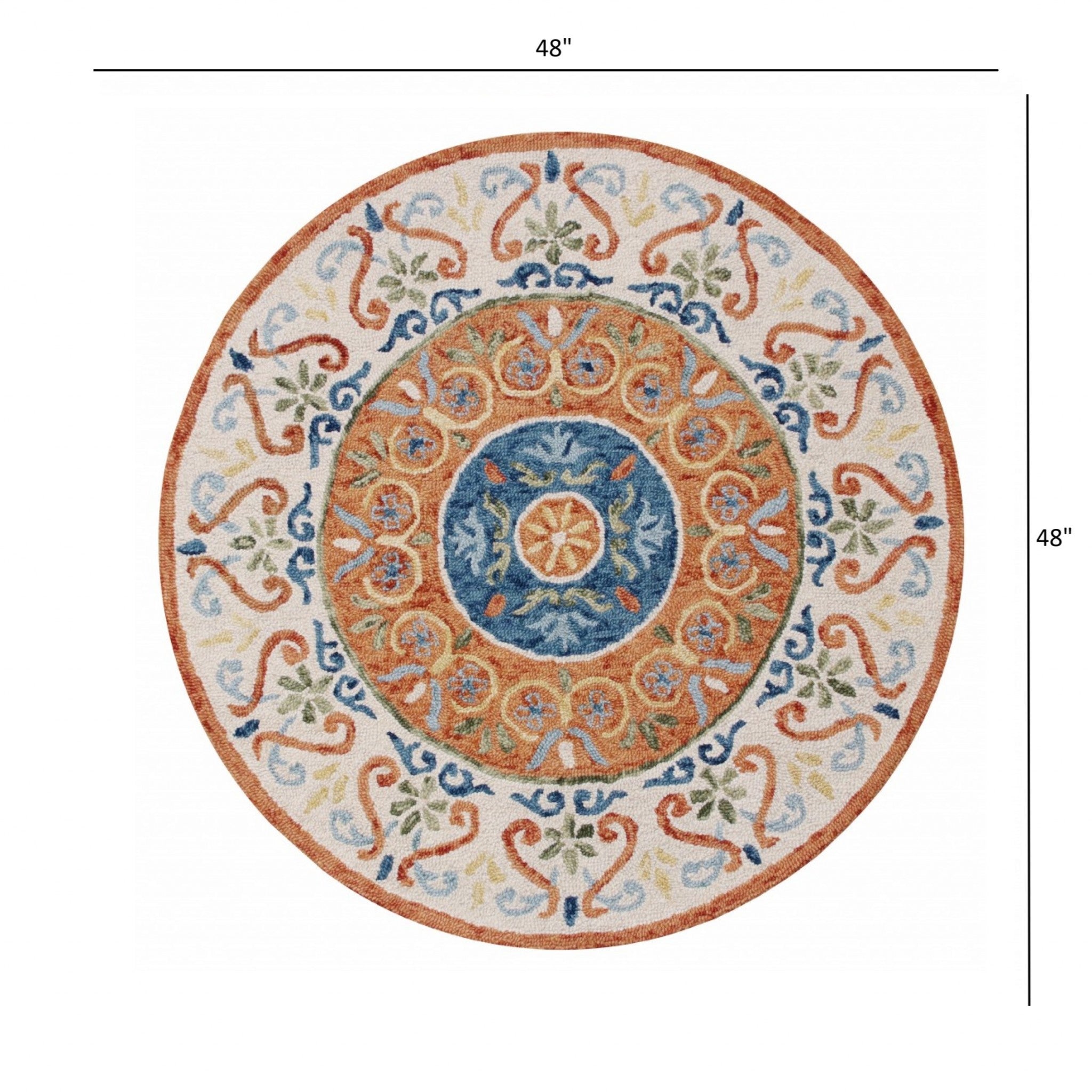 4’ Round Orange Traditional Medallion Area Rug