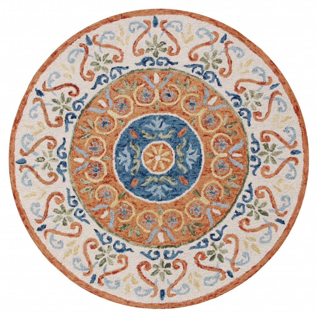 4’ Round Orange Traditional Medallion Area Rug