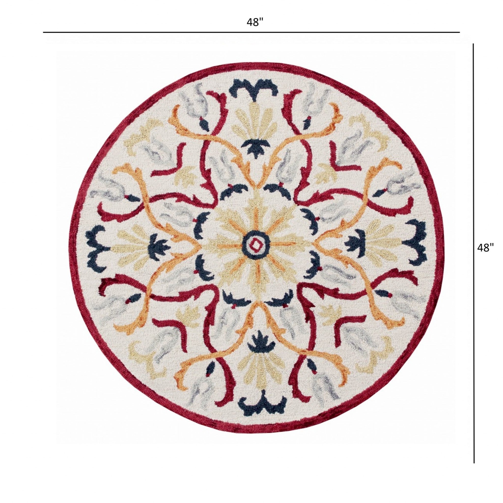 4’ Round Red and Ivory Floral Filigree Area Rug