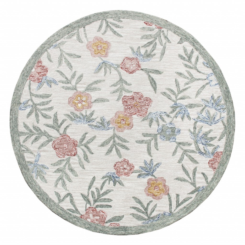 4’ Round Gray Floral Traditional Area Rug