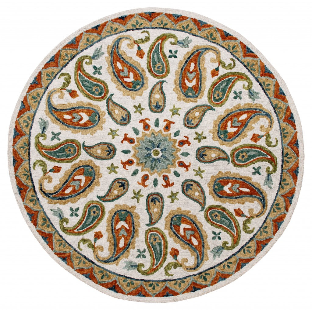 7’ Round Orange and White Paisley Area Rug