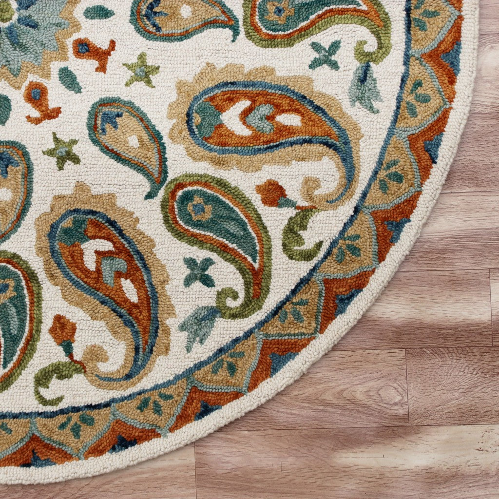 7’ Round Orange and White Paisley Area Rug