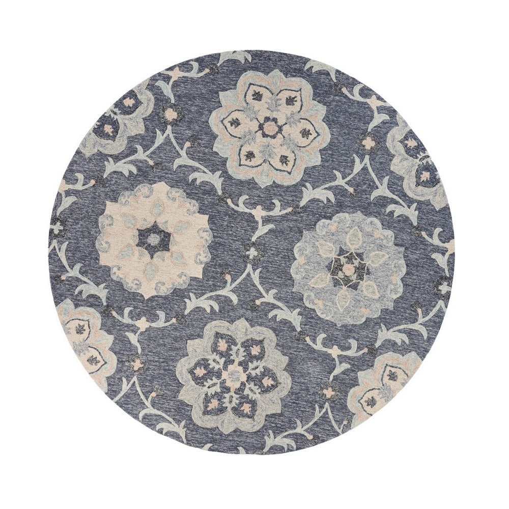 5' Blue And Gray Round Wool Hand Tufted Area Rug