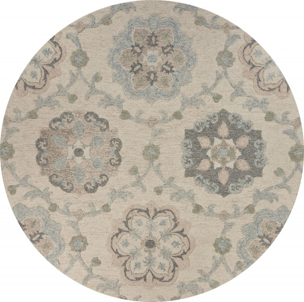 7' Blue And Ivory Round Wool Hand Tufted Area Rug