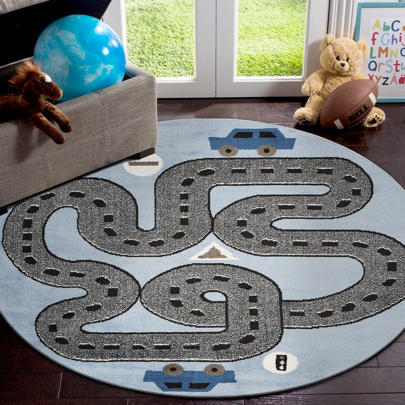 5’ Round Blue Imaginative Racetrack Area Rug