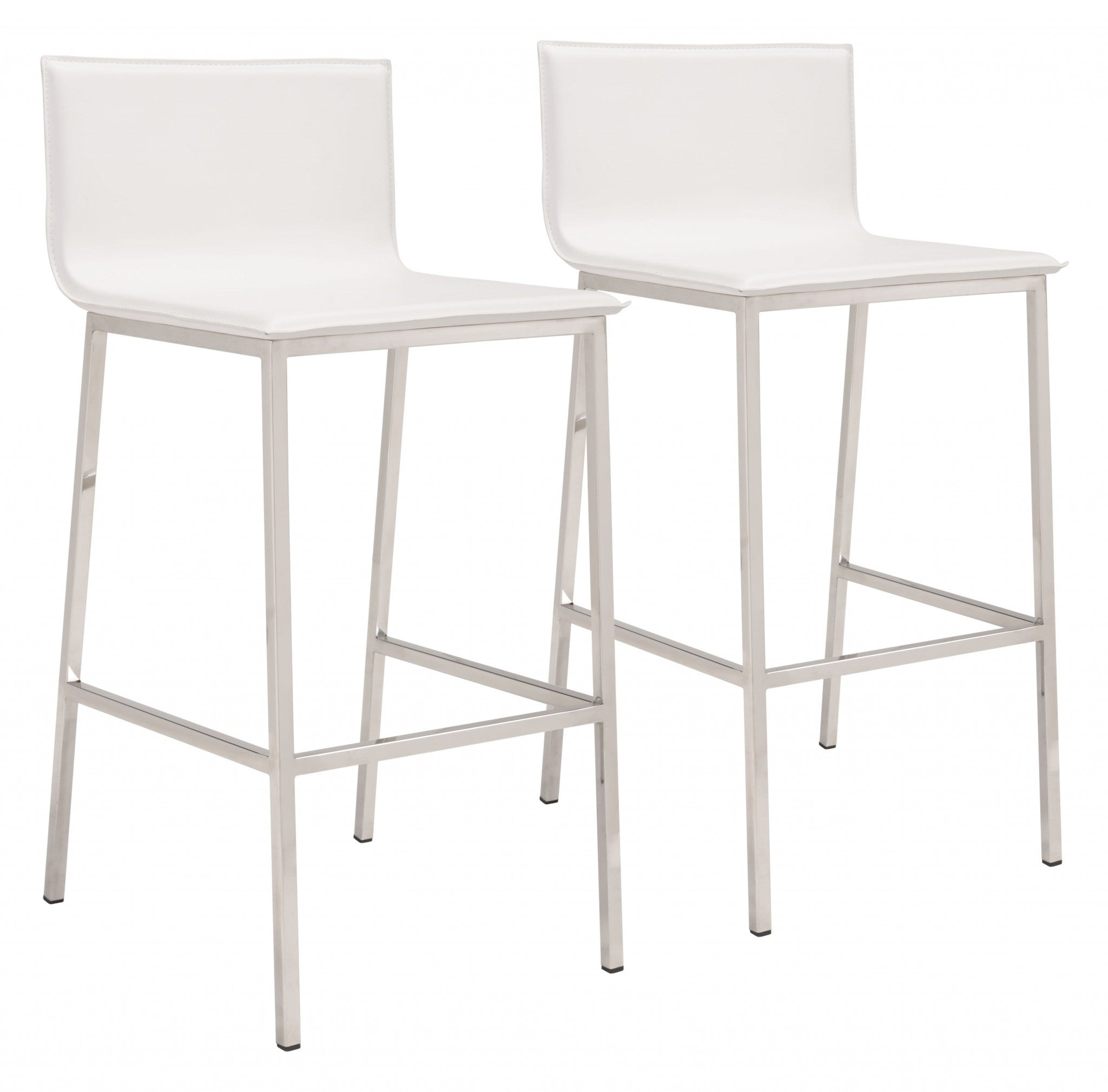 Set of Two 30" White And Silver Steel Low Back Bar Height Bar Chairs