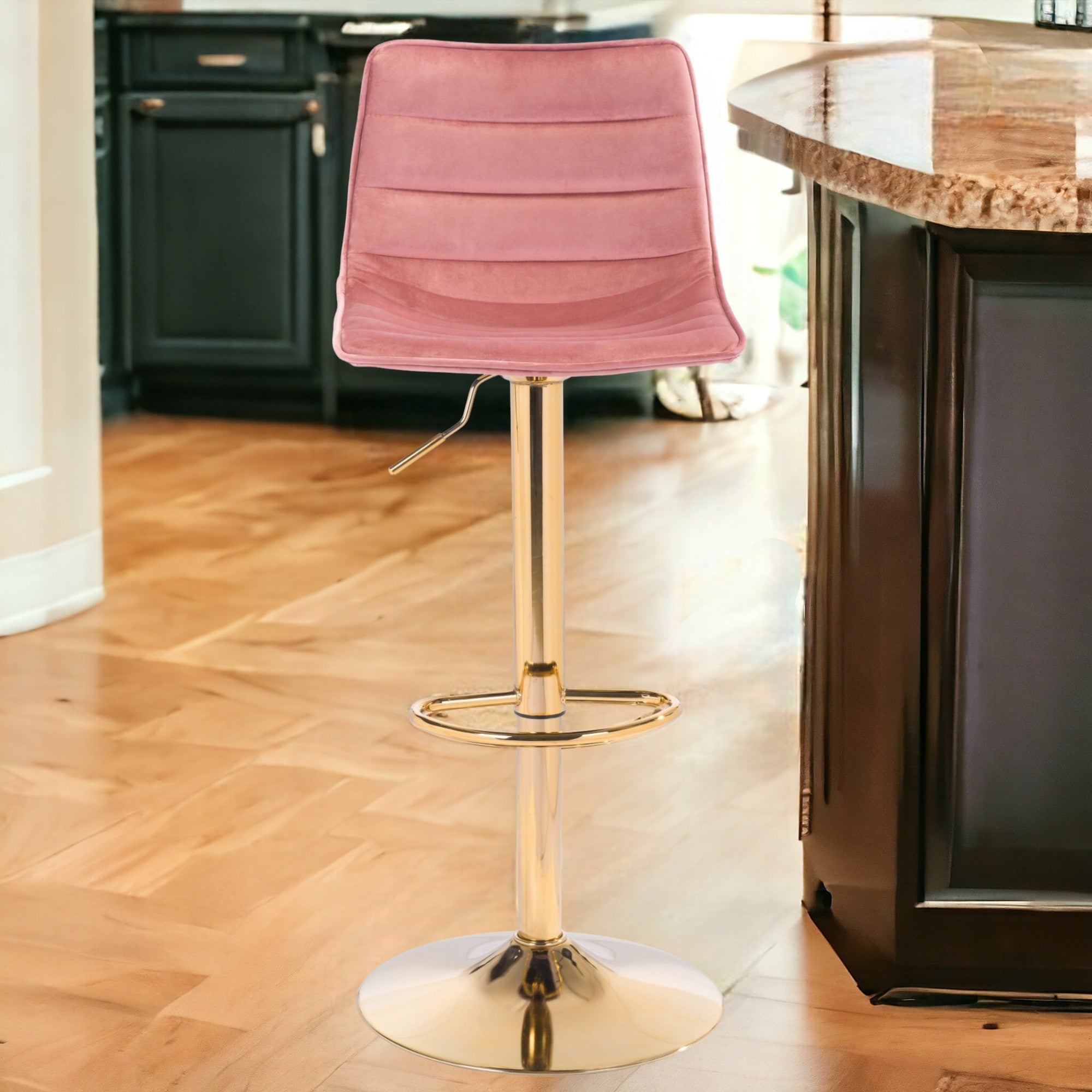 24" Pink And Gold Steel Swivel Low Back Counter Height Bar Chair