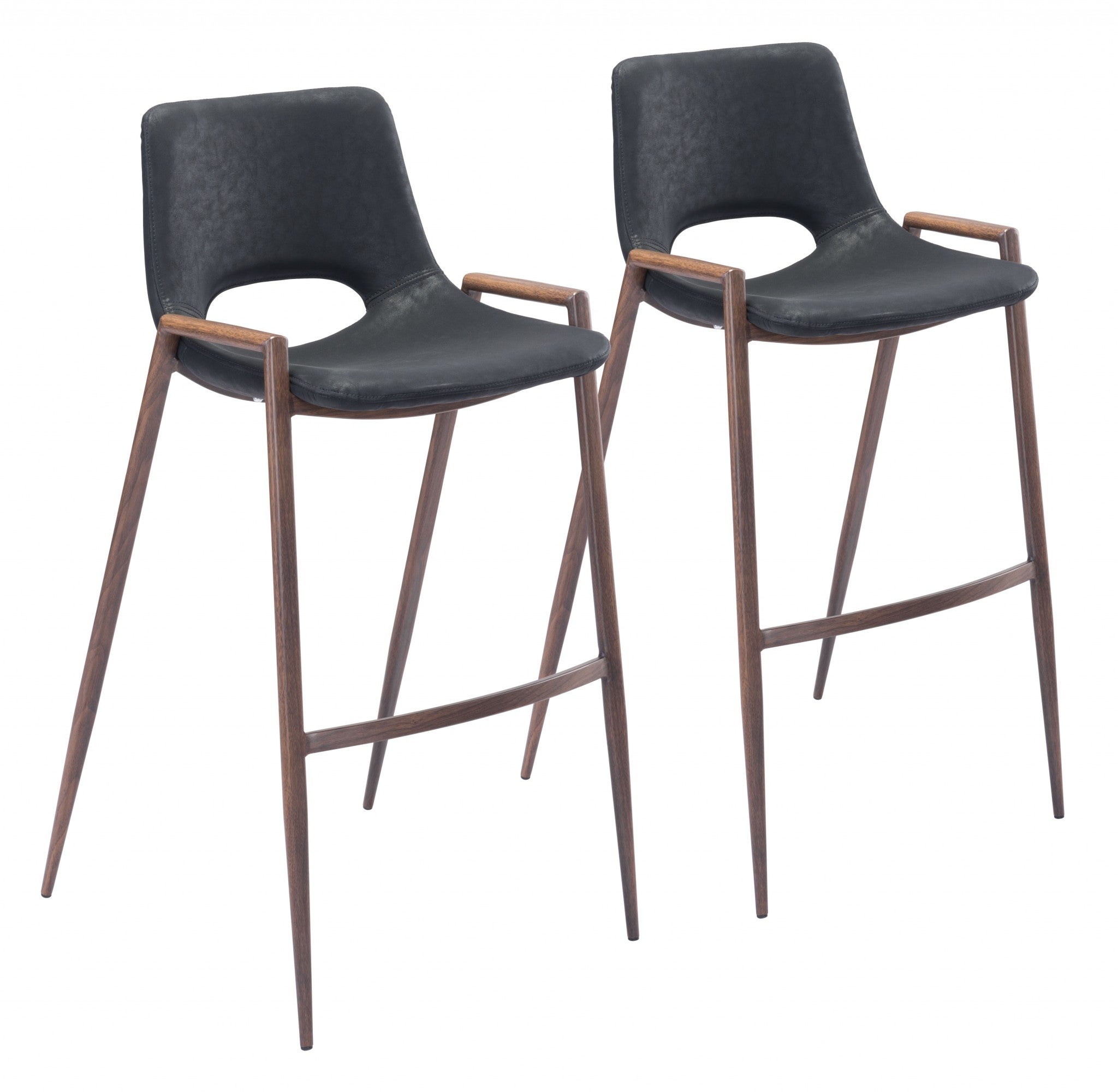 Set of Two 29" Black And Brown Steel Low Back Bar Height Bar Chairs