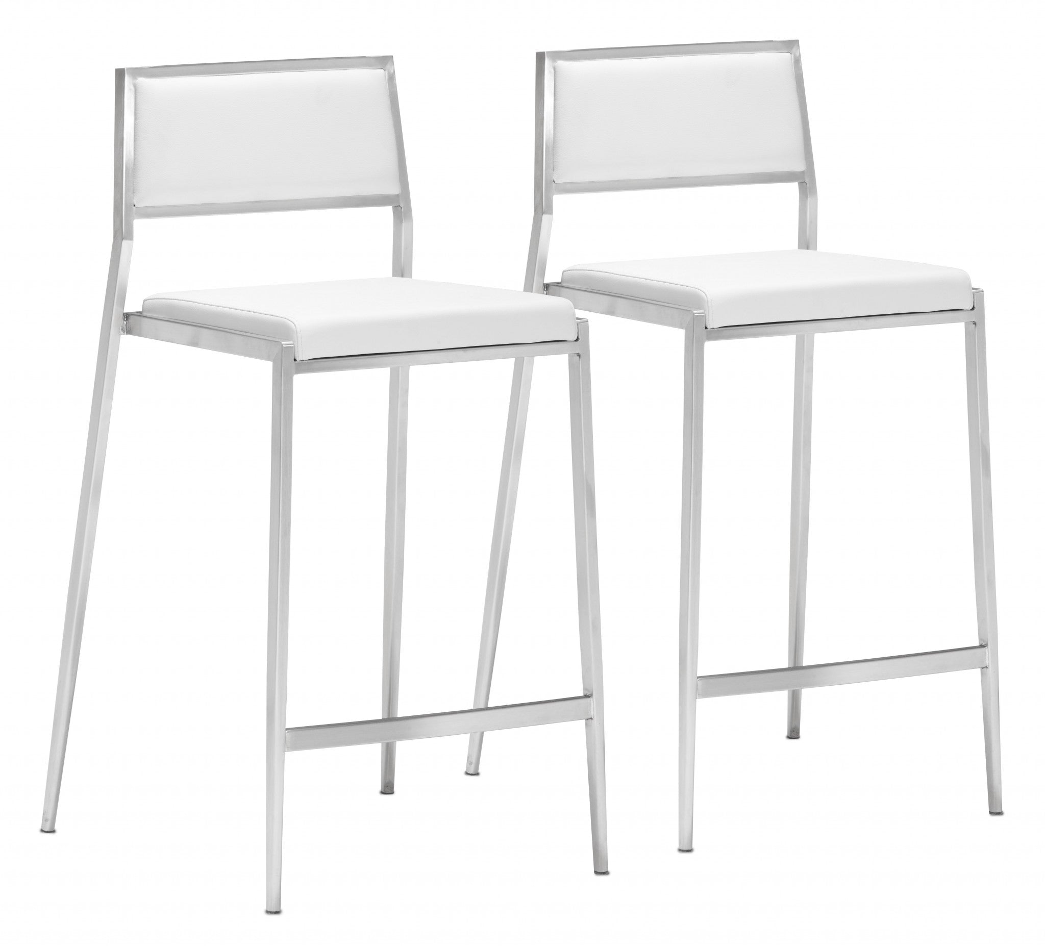 Set of Two 26" White And Silver Steel Low Back Counter Height Bar Chairs