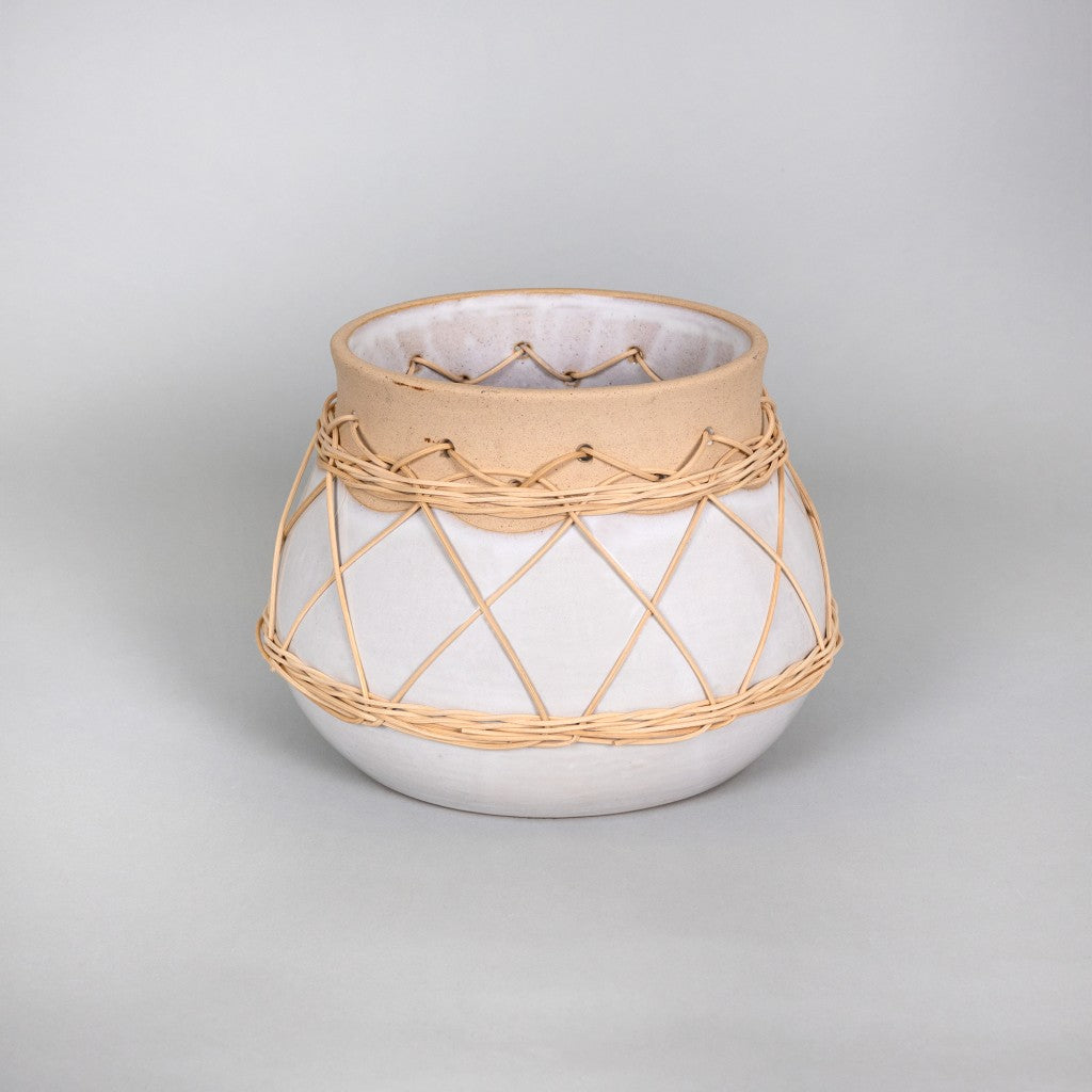 6" Stoneware and Rattan White and Natural Round Table Vase