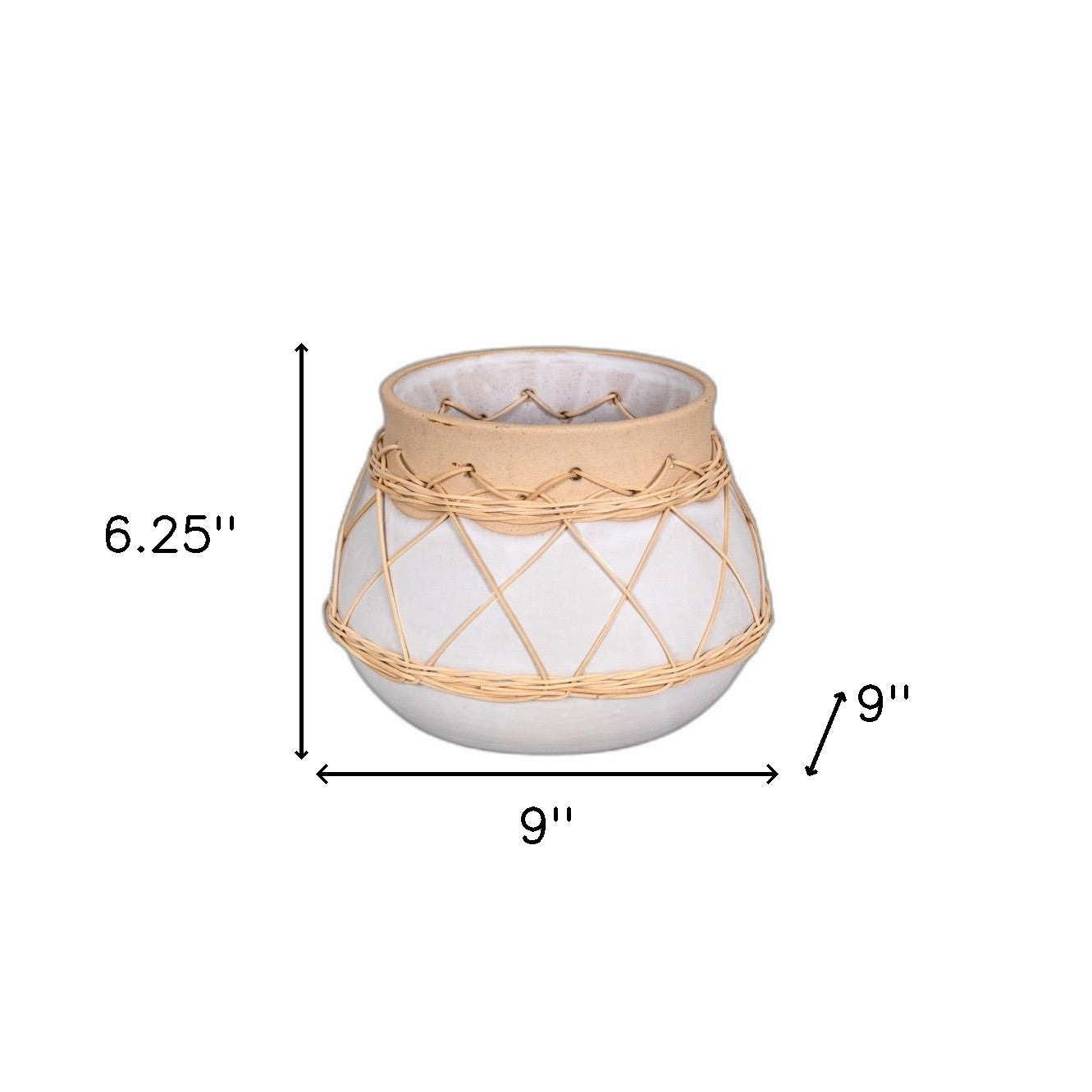 6" Stoneware and Rattan White and Natural Round Table Vase