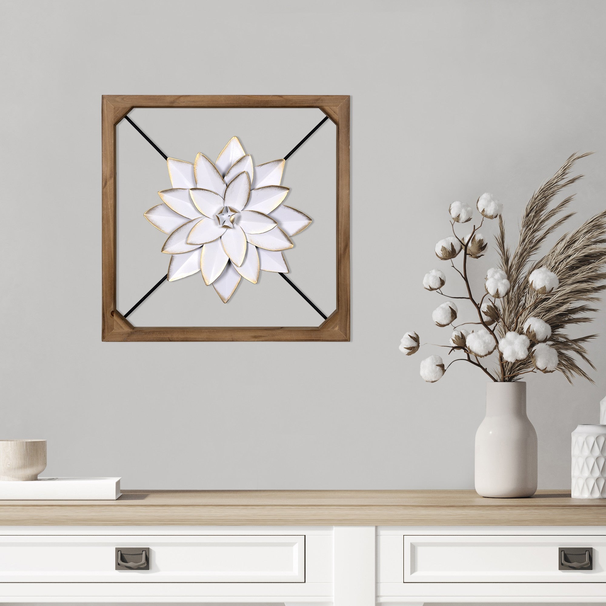 Wood Framed White Metal Flower Wall Décor