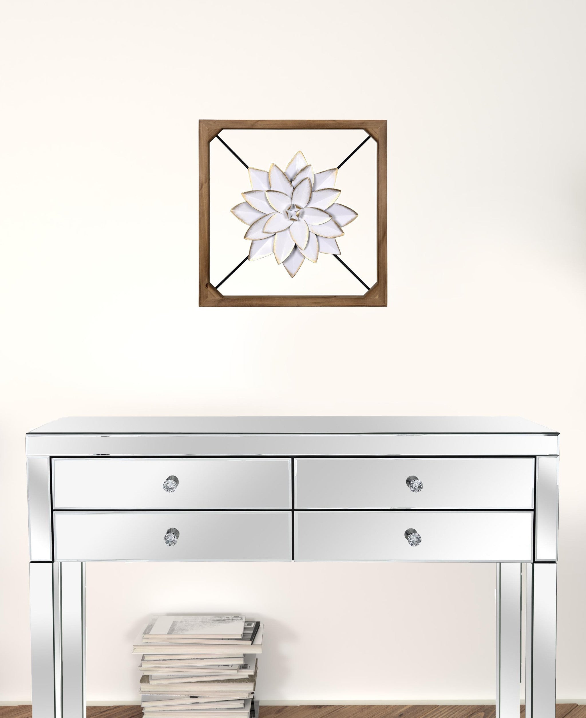 Wood Framed White Metal Flower Wall Décor