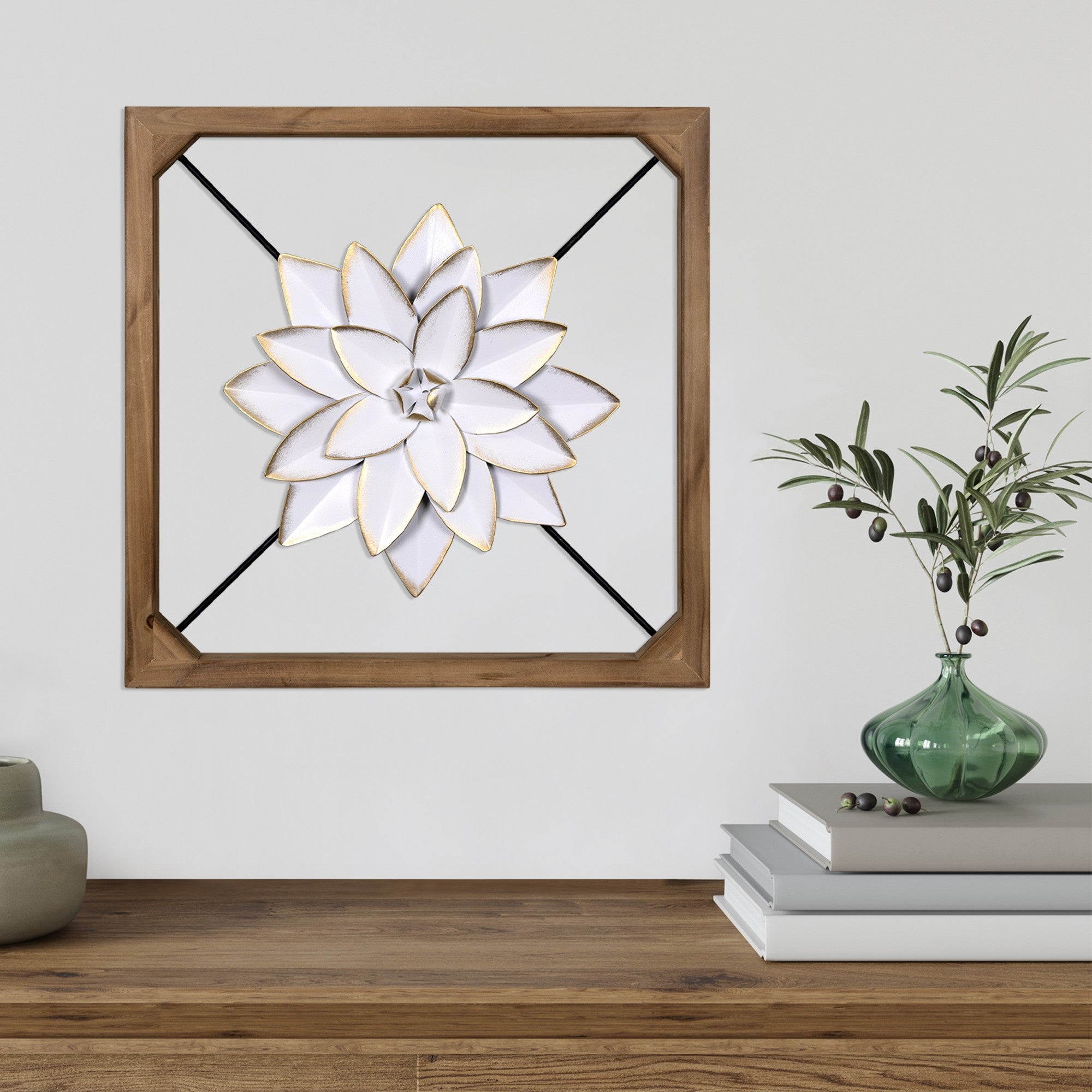 Wood Framed White Metal Flower Wall Décor