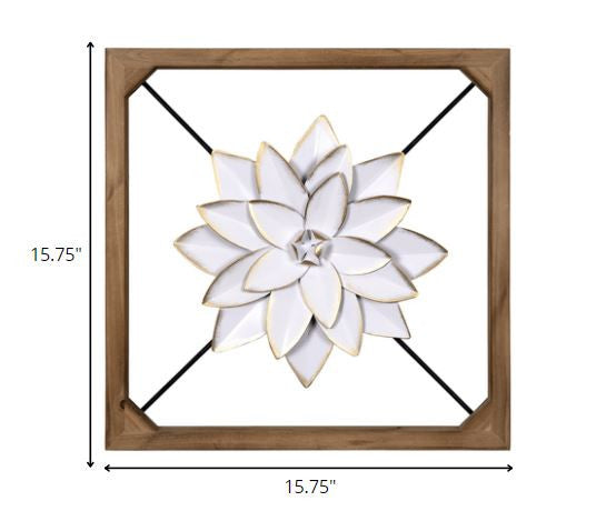 Wood Framed White Metal Flower Wall Décor