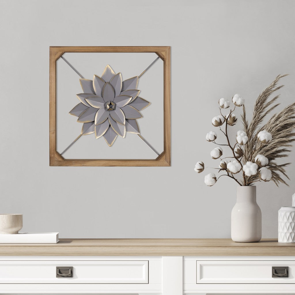 Wood Framed Gray Metal Flower Wall Décor