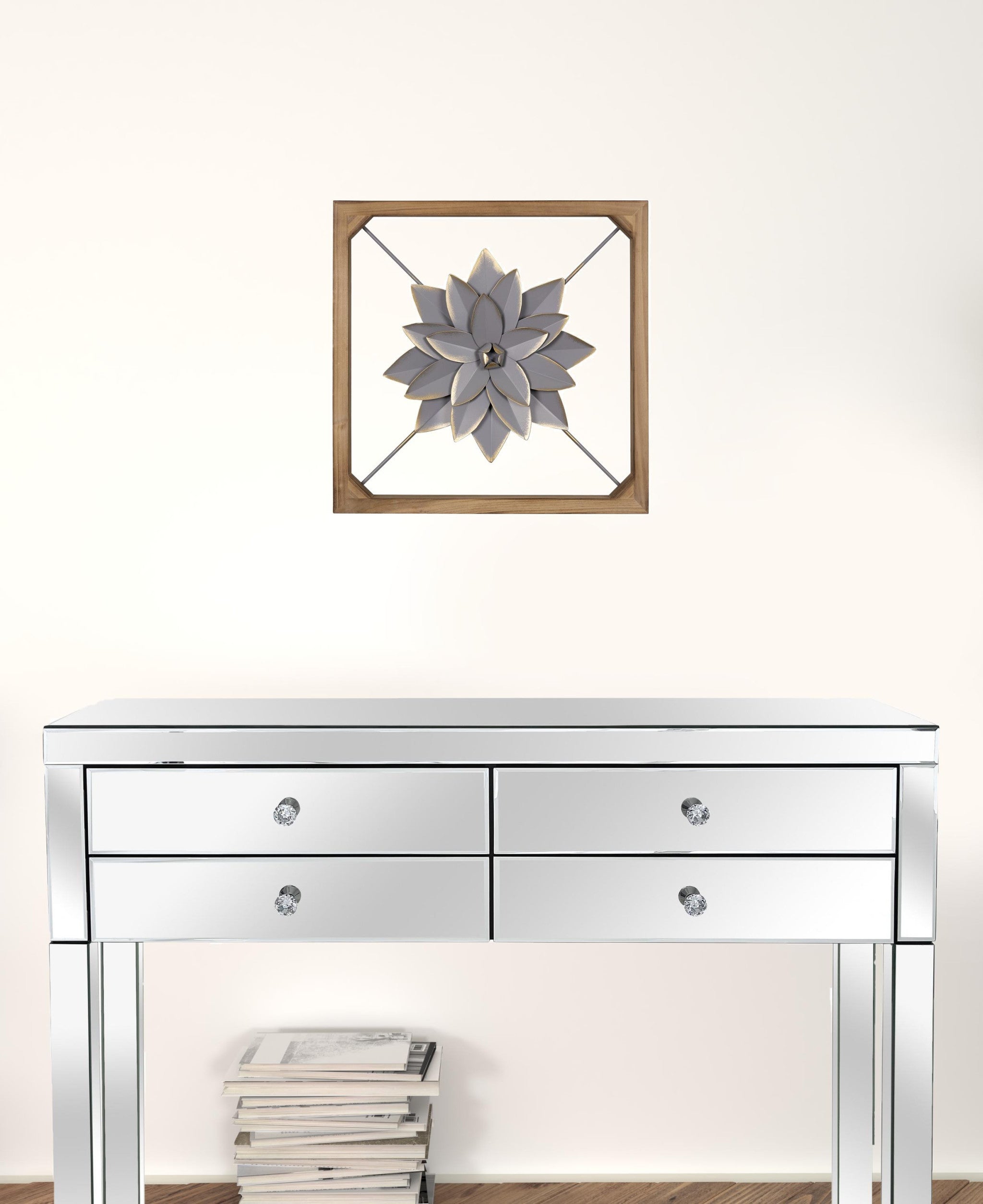 Wood Framed Gray Metal Flower Wall Décor