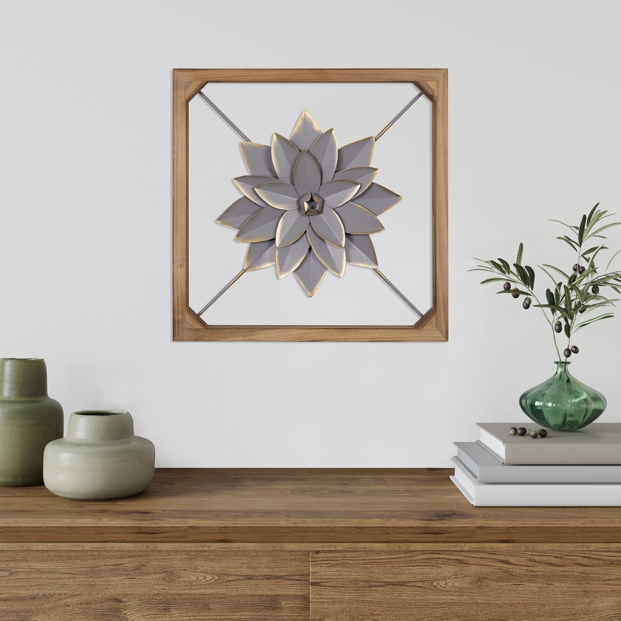 Wood Framed Gray Metal Flower Wall Décor