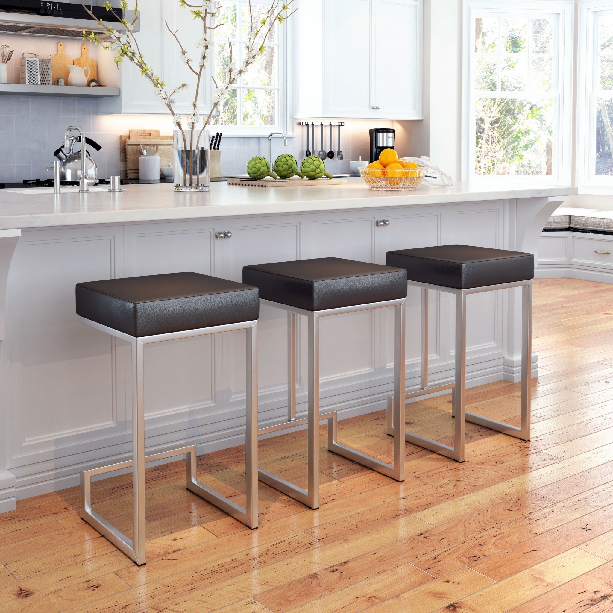 Set of Two 26" Black And Silver Steel Backless Counter Height Bar Chairs