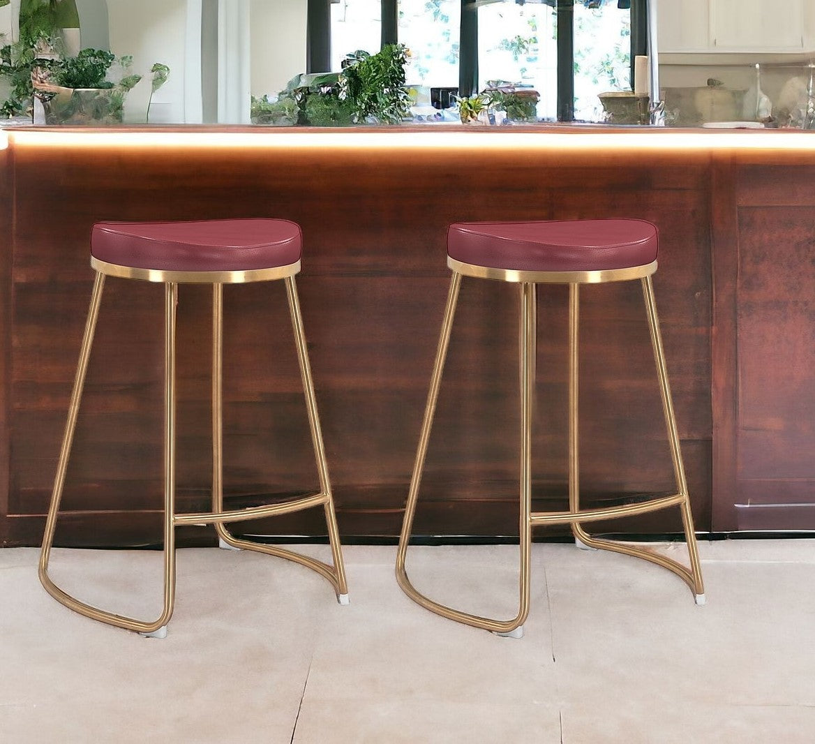 Set of Two " Red And Gold Faux Leather And Stainless Steel Backless Counter Height Bar Chairs