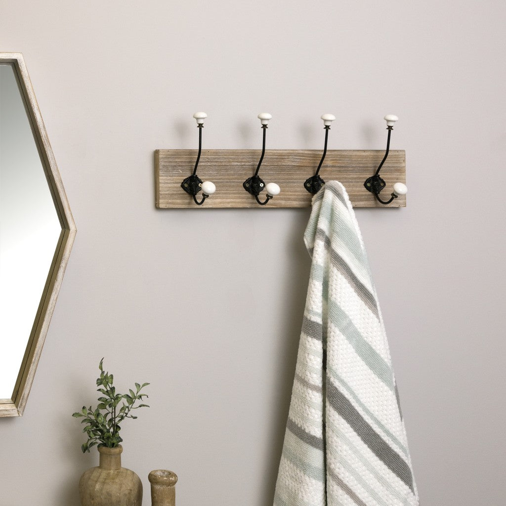 Wood and Metal Hooks with Ceramic Knobs