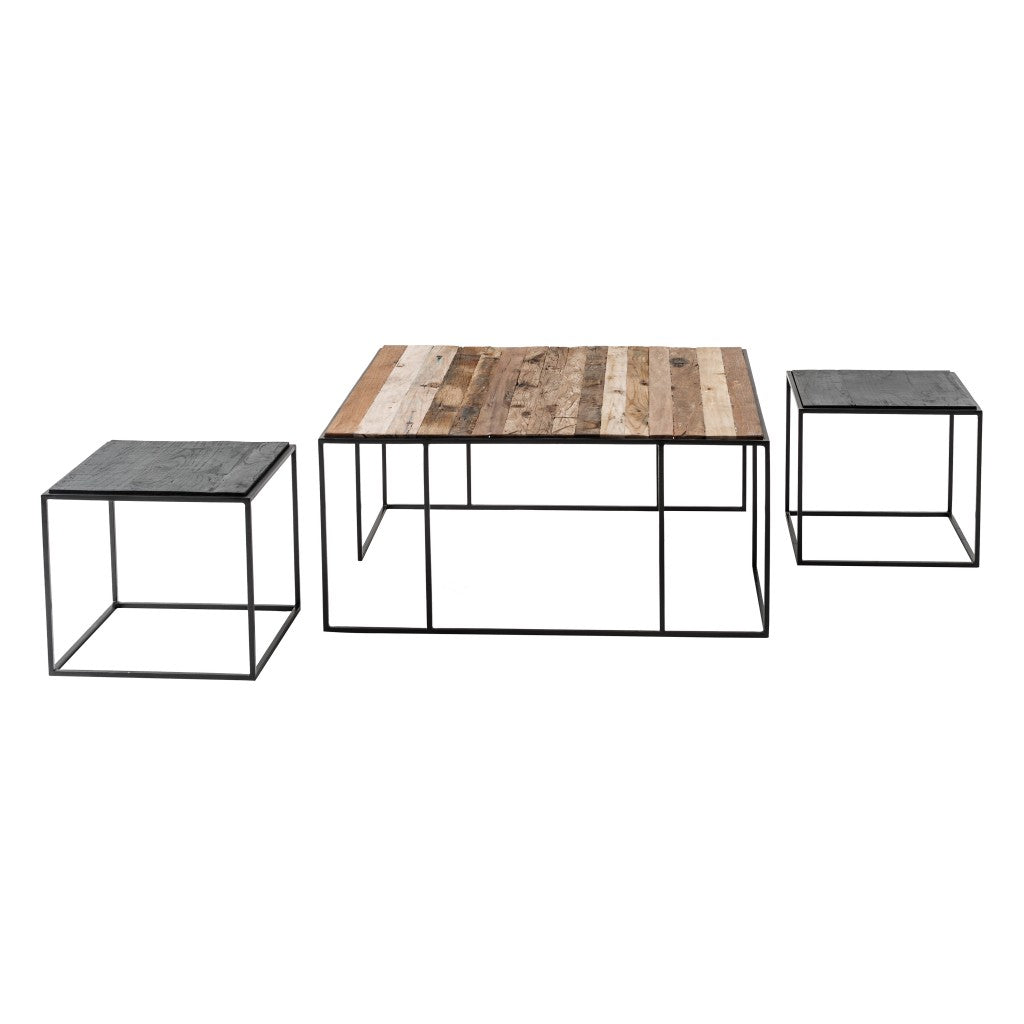 Set of Three 39" Oak And Black Solid Wood And Iron with Iron Square Nested Coffee Tables