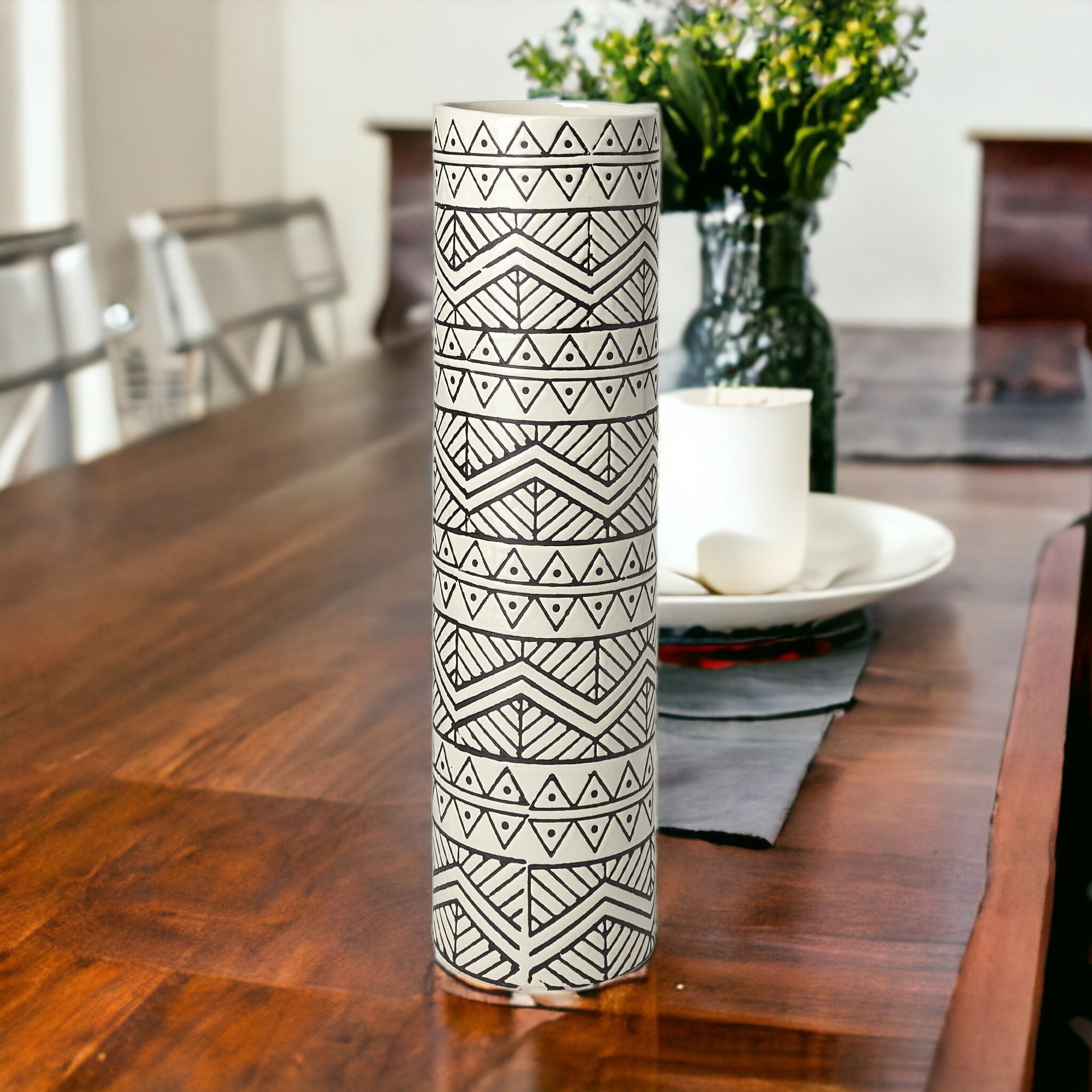 17" Ceramic Cream Geometric Cylinder Table Vase