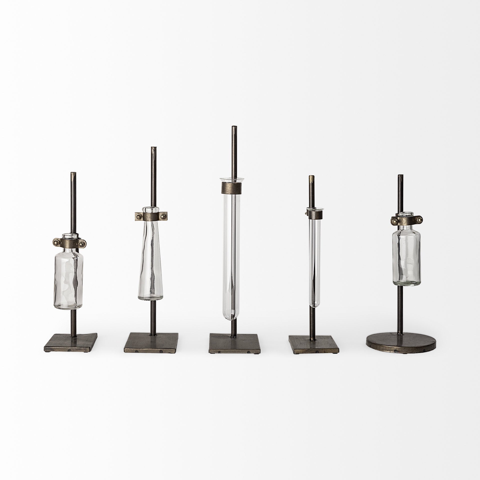 Set of Five Test Tube Vases with Metal Bases