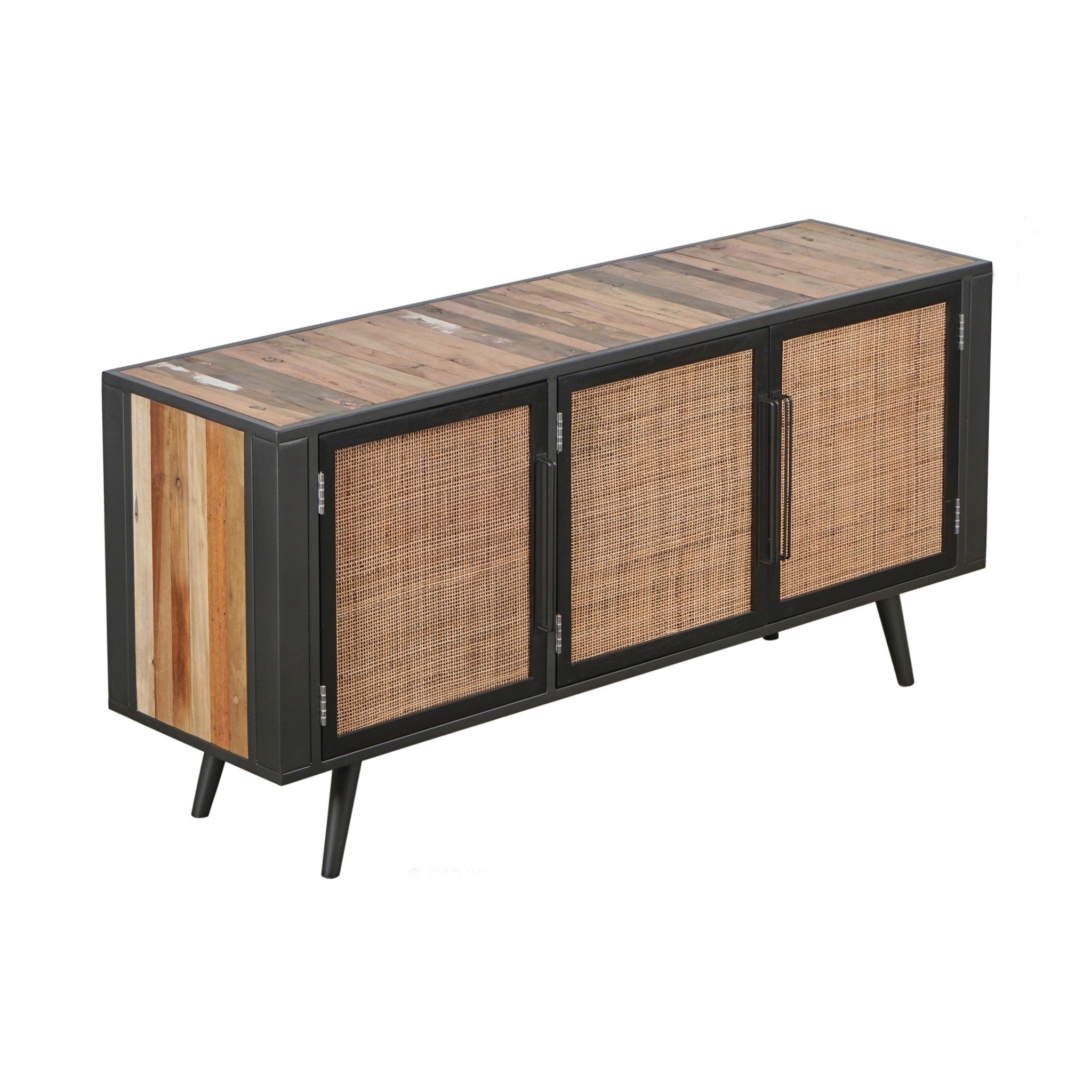 Rustic Black Natural and Rattan Media Cabinet with Three Doors