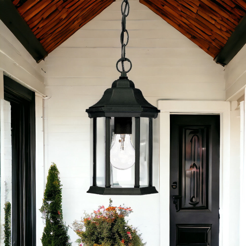 12" Narrow Matte Black Glass Lantern Hanging Light