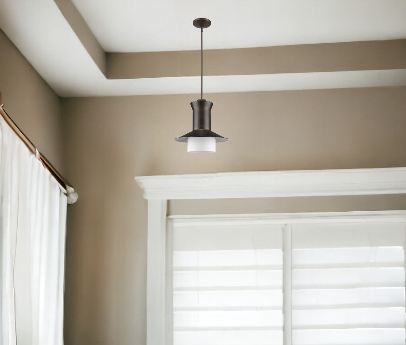 Greta 1-Light Oil-Rubbed Bronze Pendant With Gloss White Interior And Etched Glass Shade