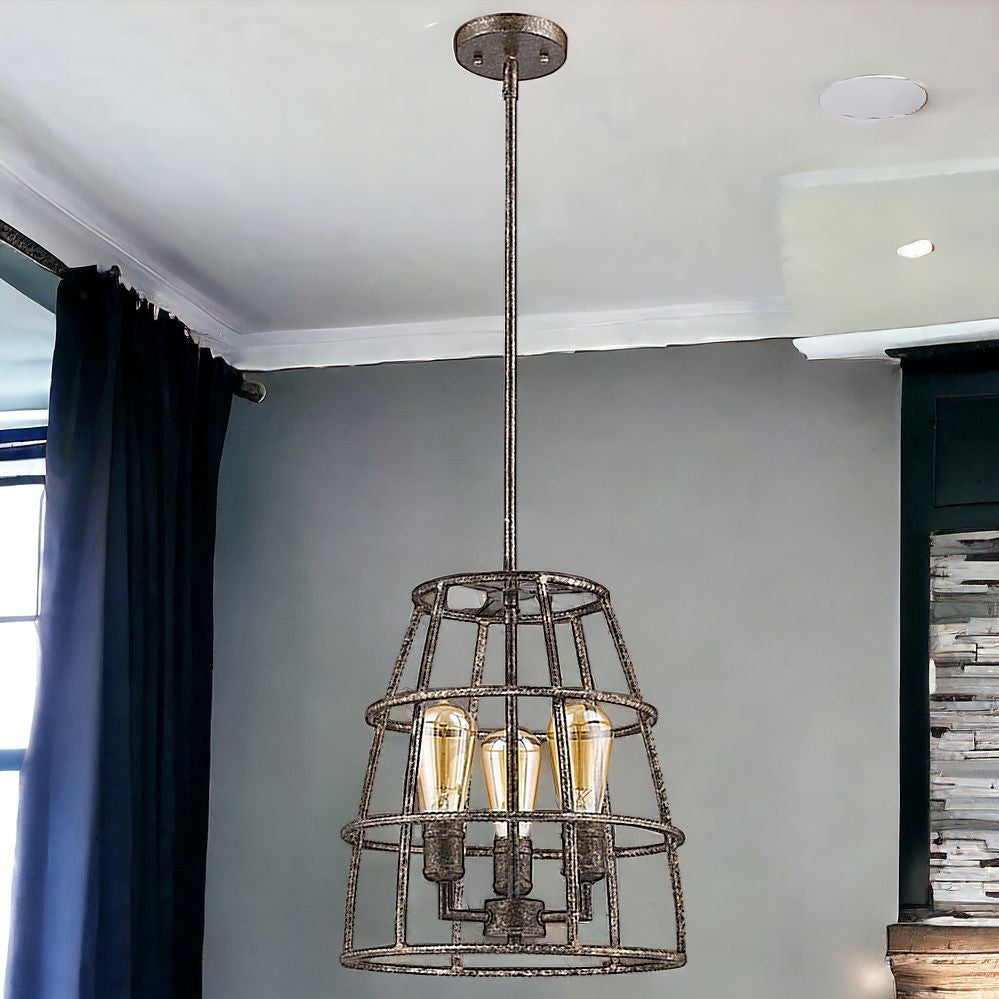 Rebarre 3-Light Antique Silver Drum Pendant With Open Cage Shade