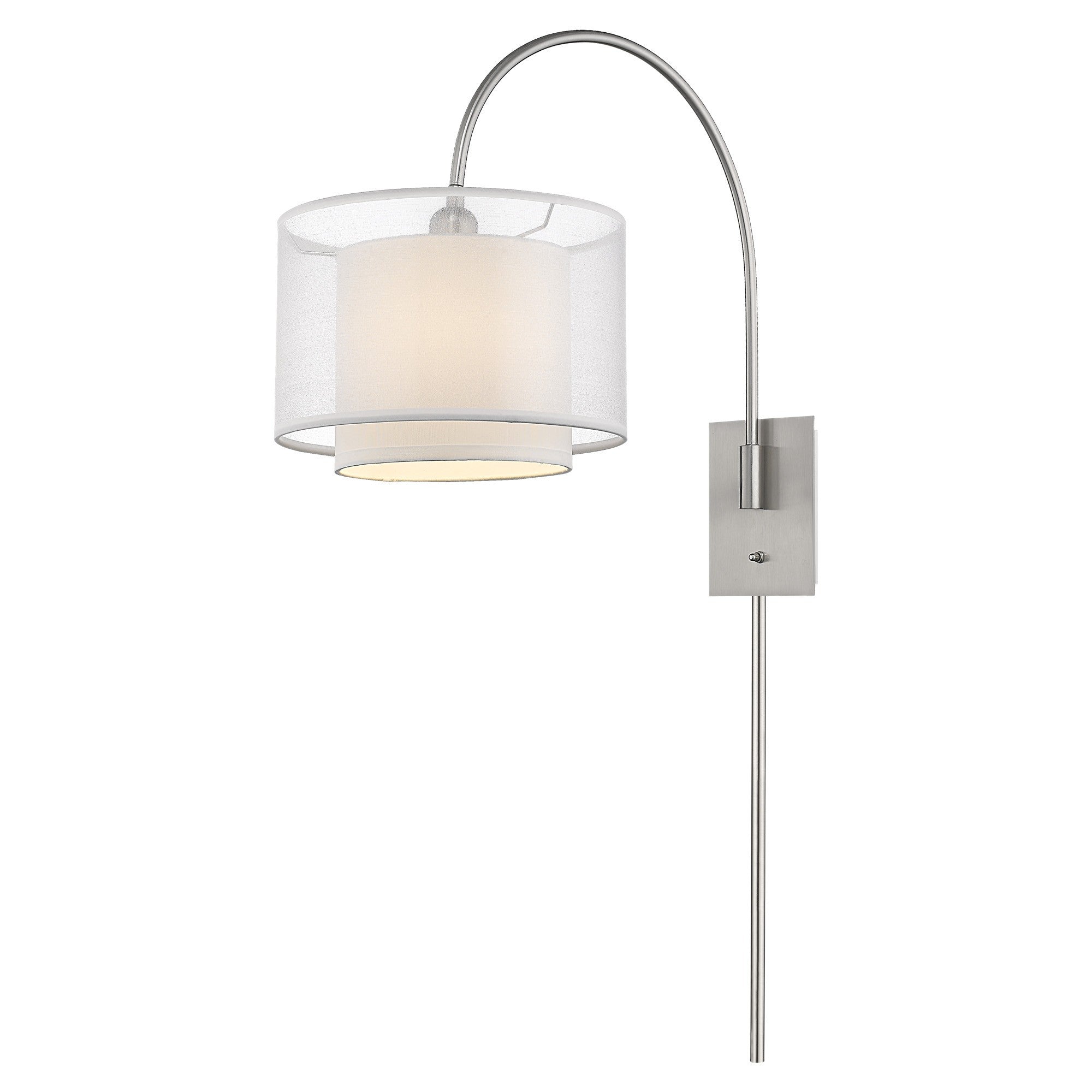 Brella 1-Light Brushed Nickel Swivel Wall Lamp With Sheer Snow Shantung Two Tier Shade