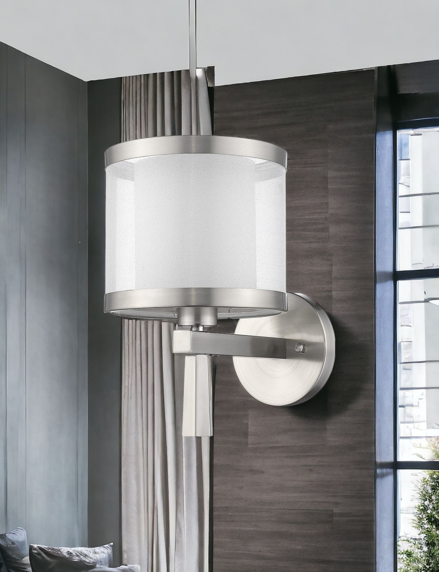 White and Silver Wall Light with Fabric Shade
