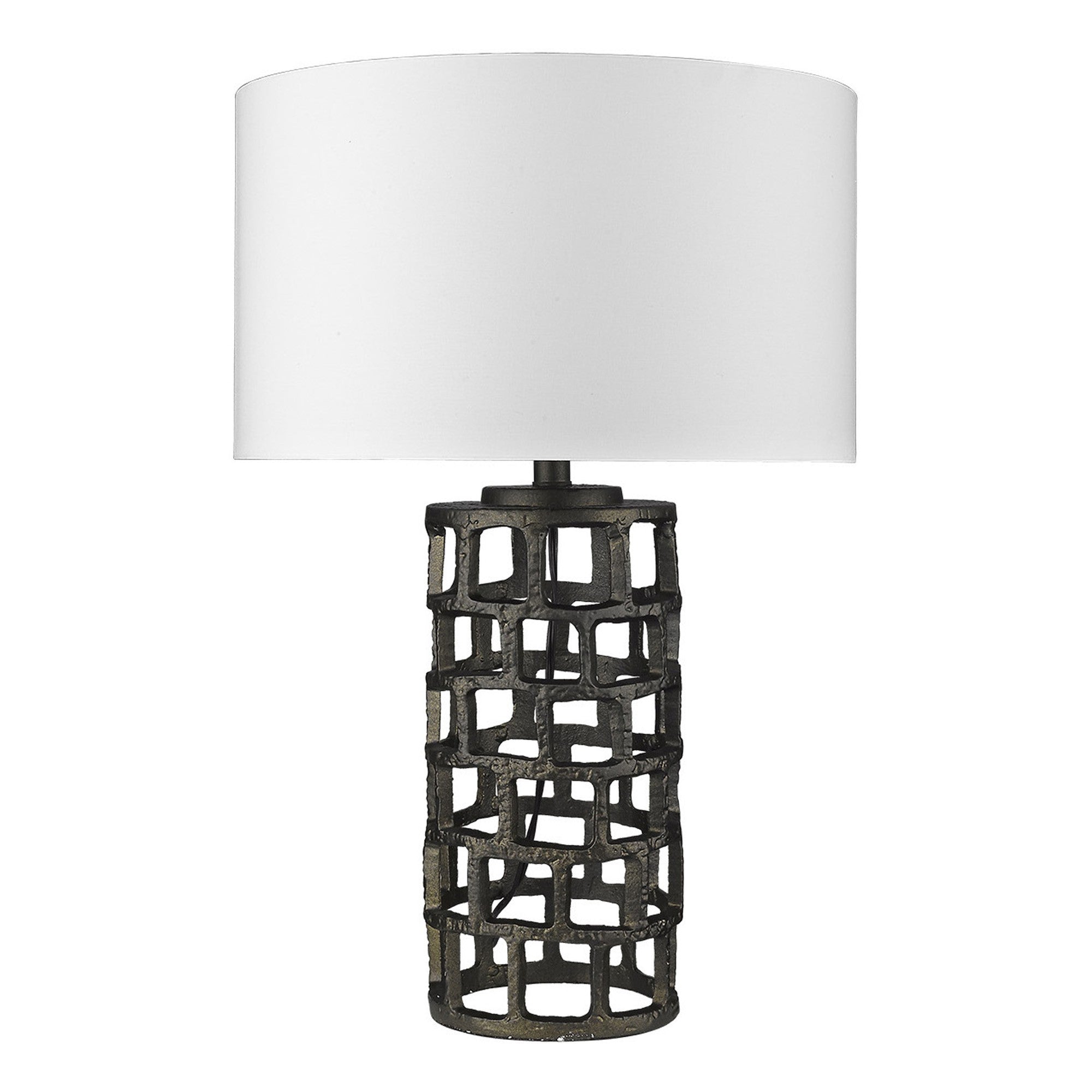 26" Black Metal Column Table Lamp With White Drum Shade