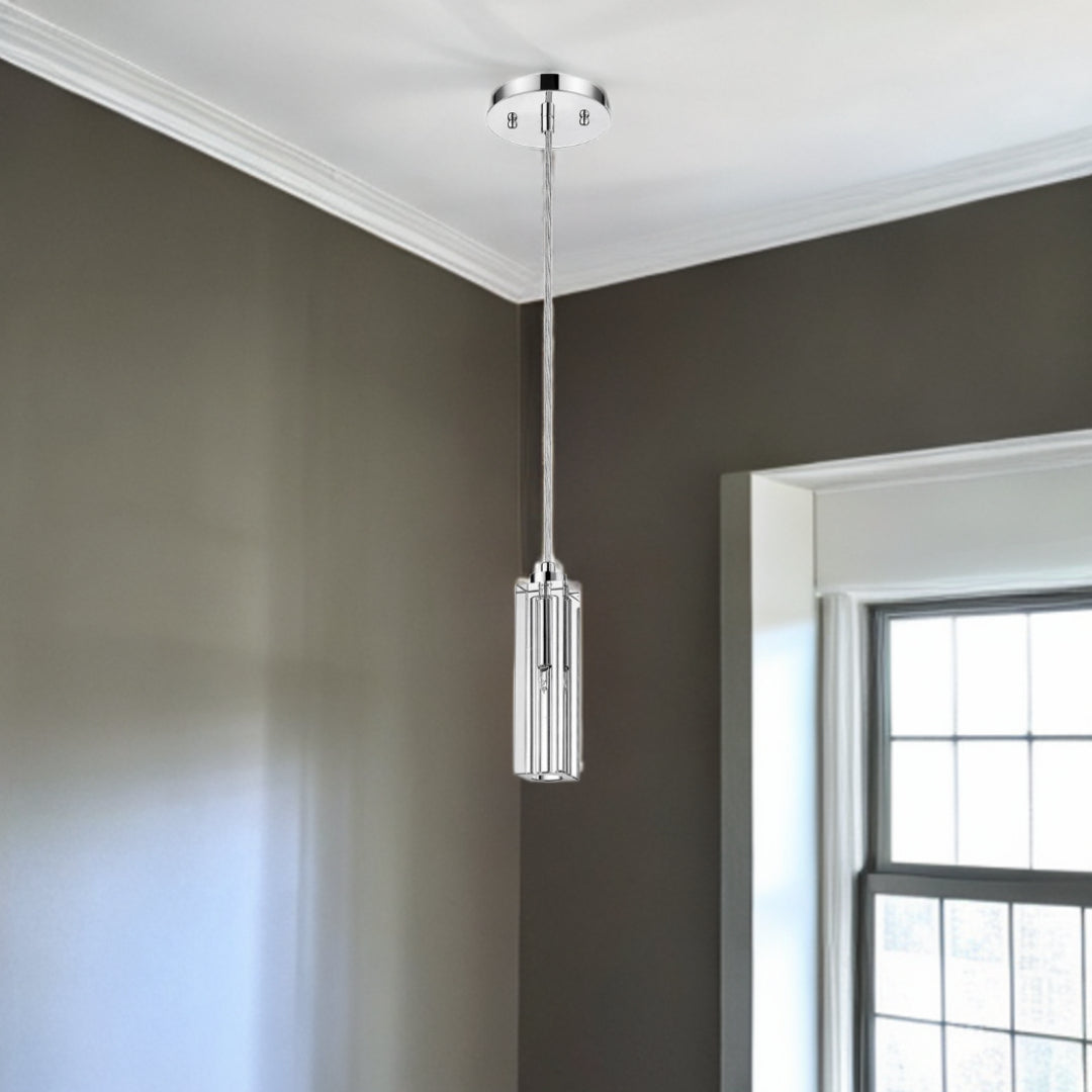 Solo 1-Light Polished Chrome Pendant With Square 4-Sided Cut Crystal Shade