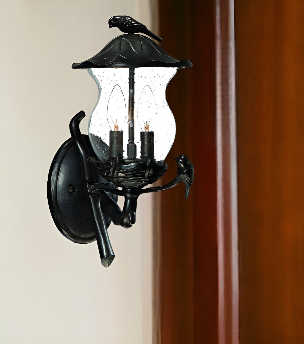 Matte Black Bird Detail Lantern Wall Light