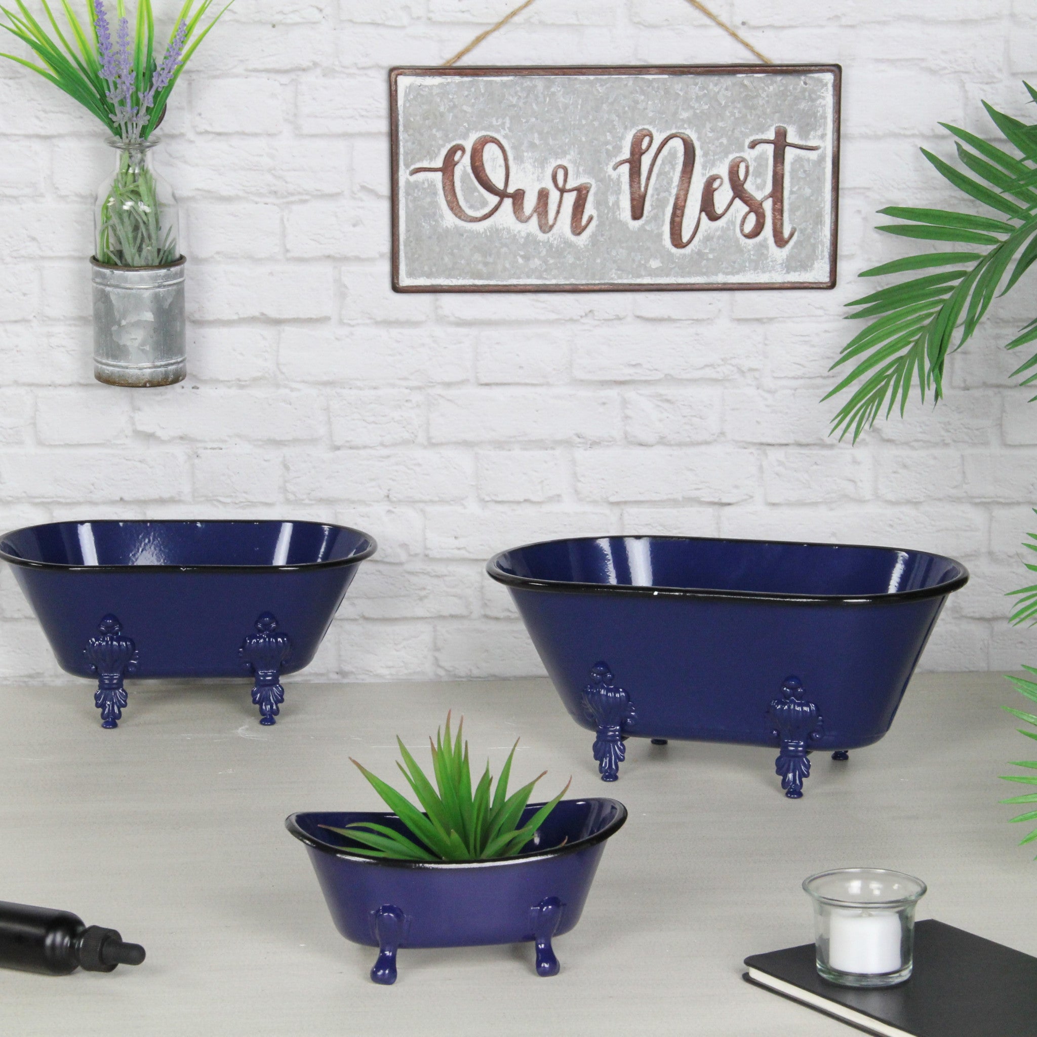 Navy Blue Metal Bath Tub Sculpture