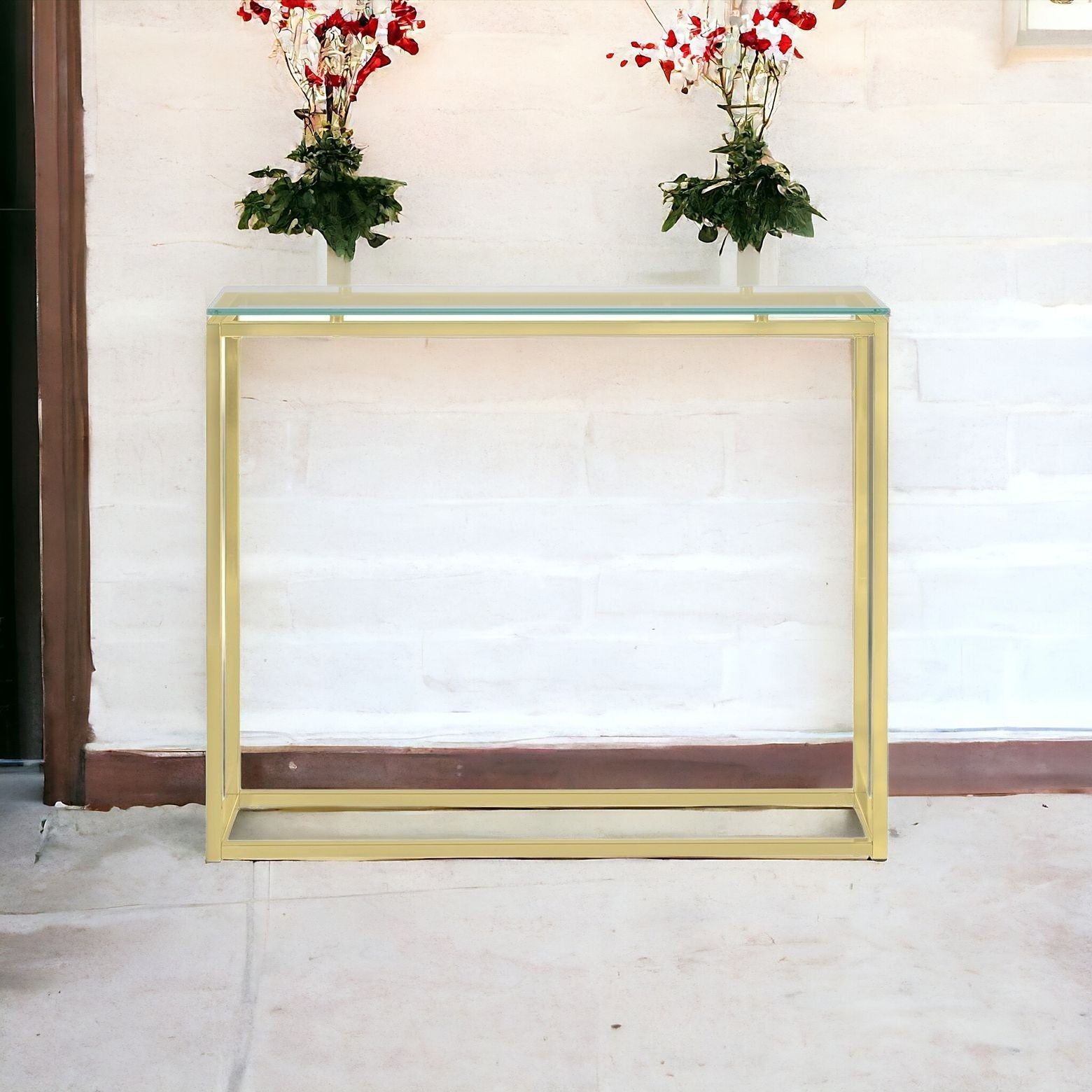 36" Clear and Gold Glass Frame Console Table