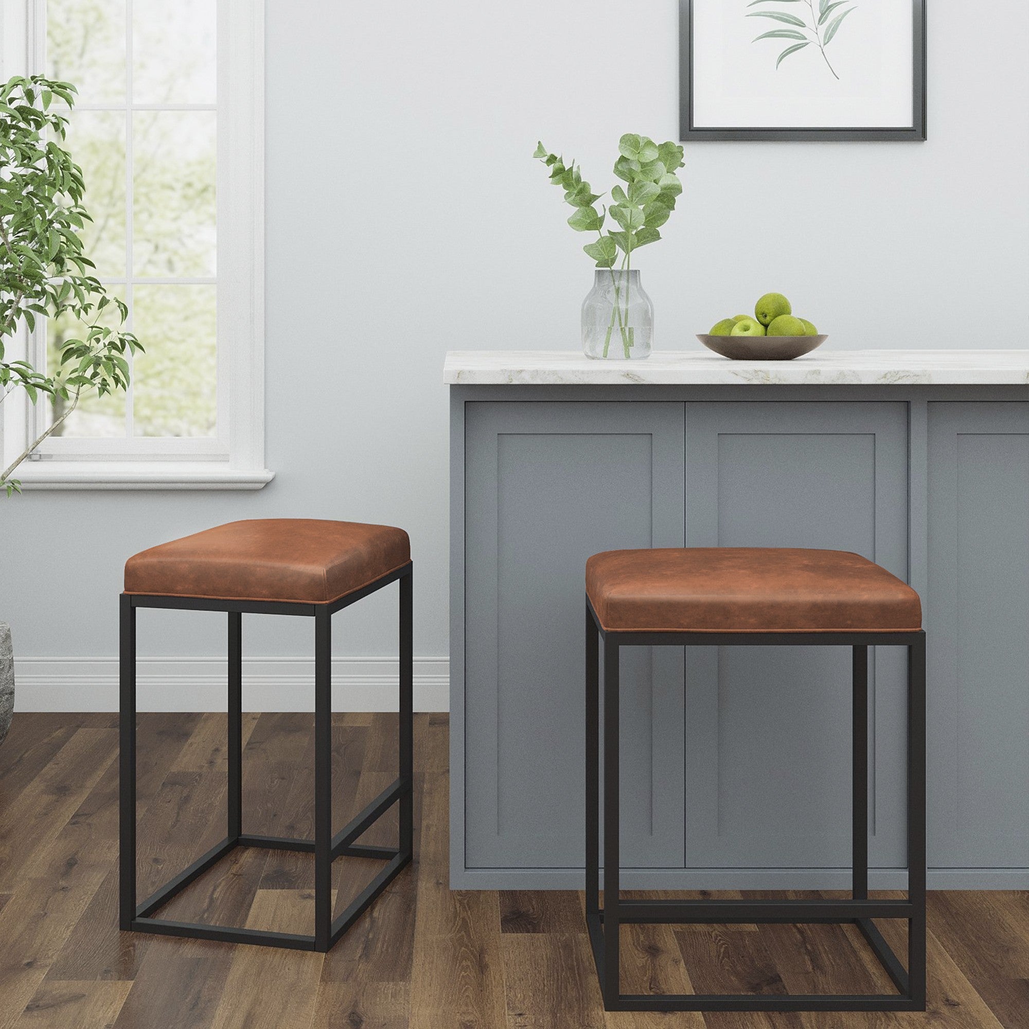 Set of Two " Brown And Black Faux Leather And Metal Backless Counter Height Bar Chairs