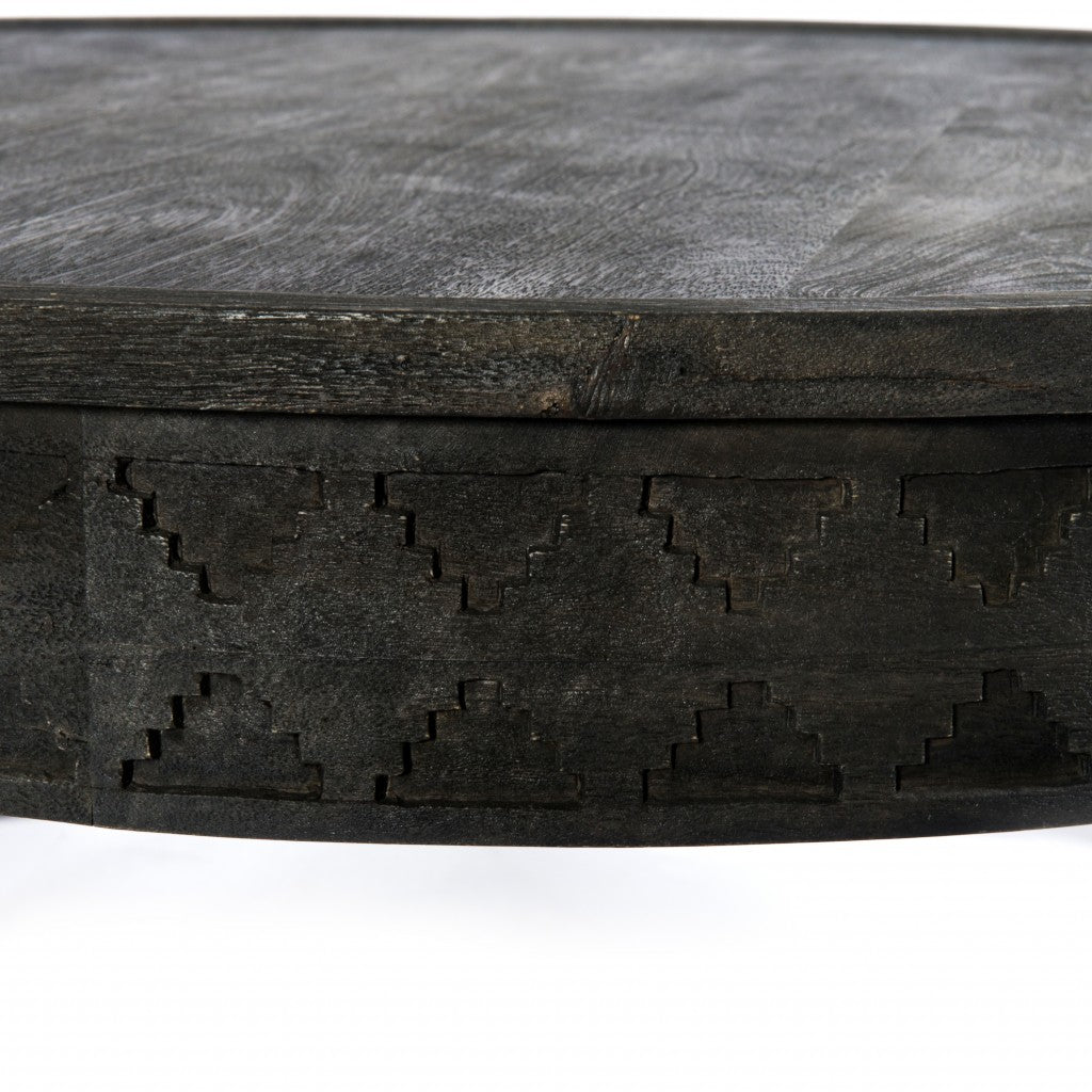 Black Carved Round Wooden Coffee Table