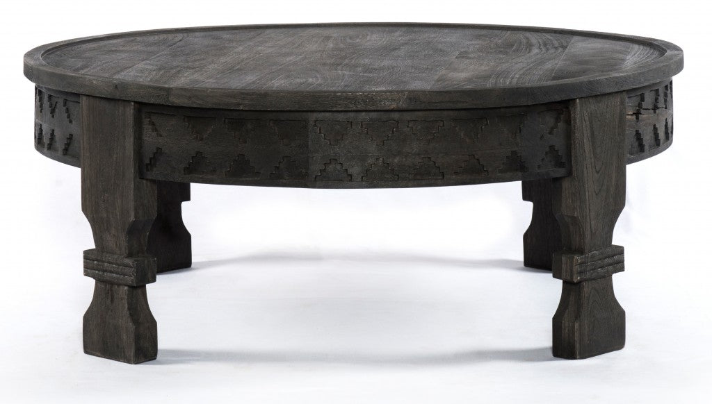 Black Carved Round Wooden Coffee Table