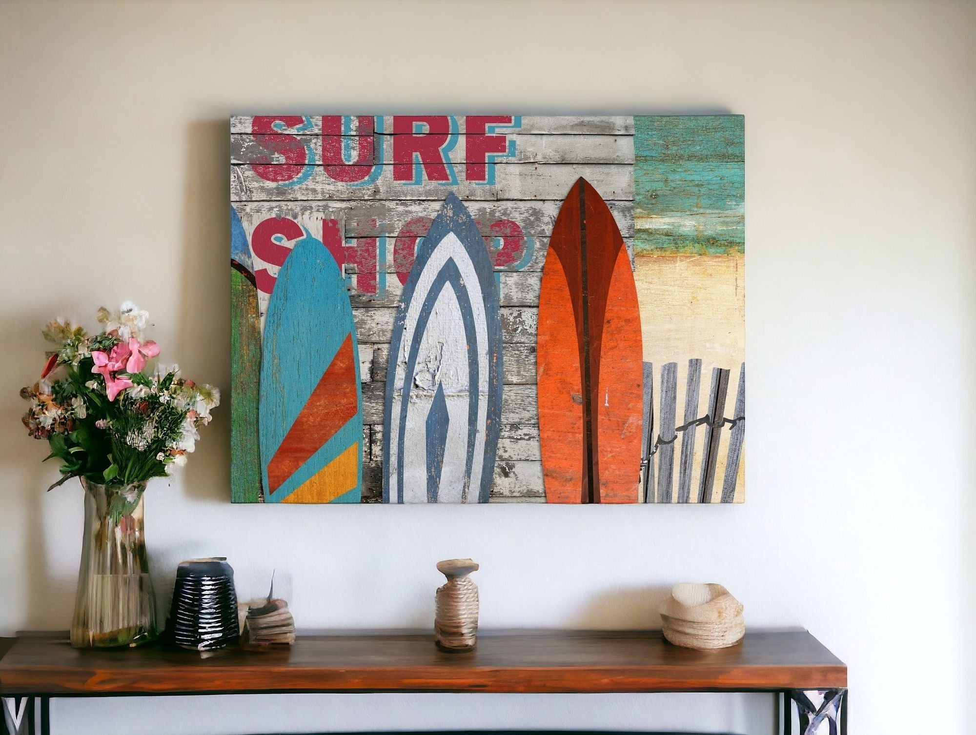 Vintage Surfboard Trio Beach Scene Wall Art