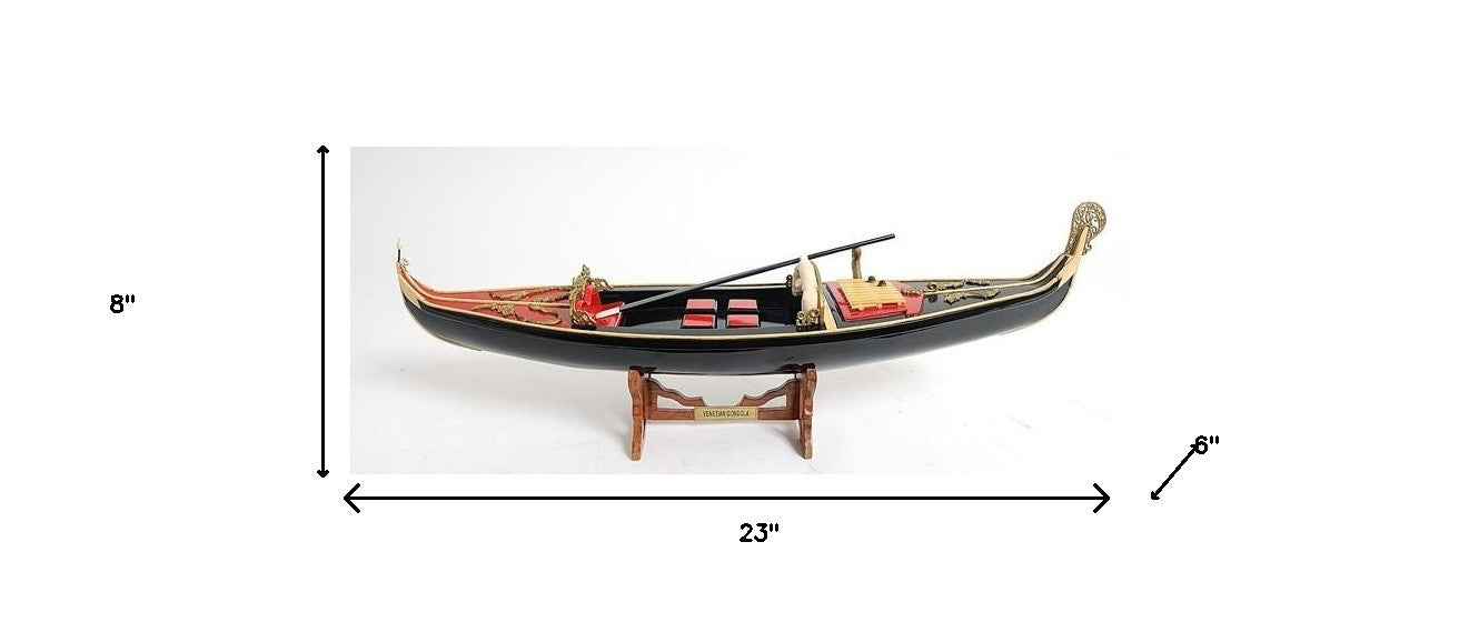 8" Black and Red Venetian Gondola Hand Painted Decorative Boat