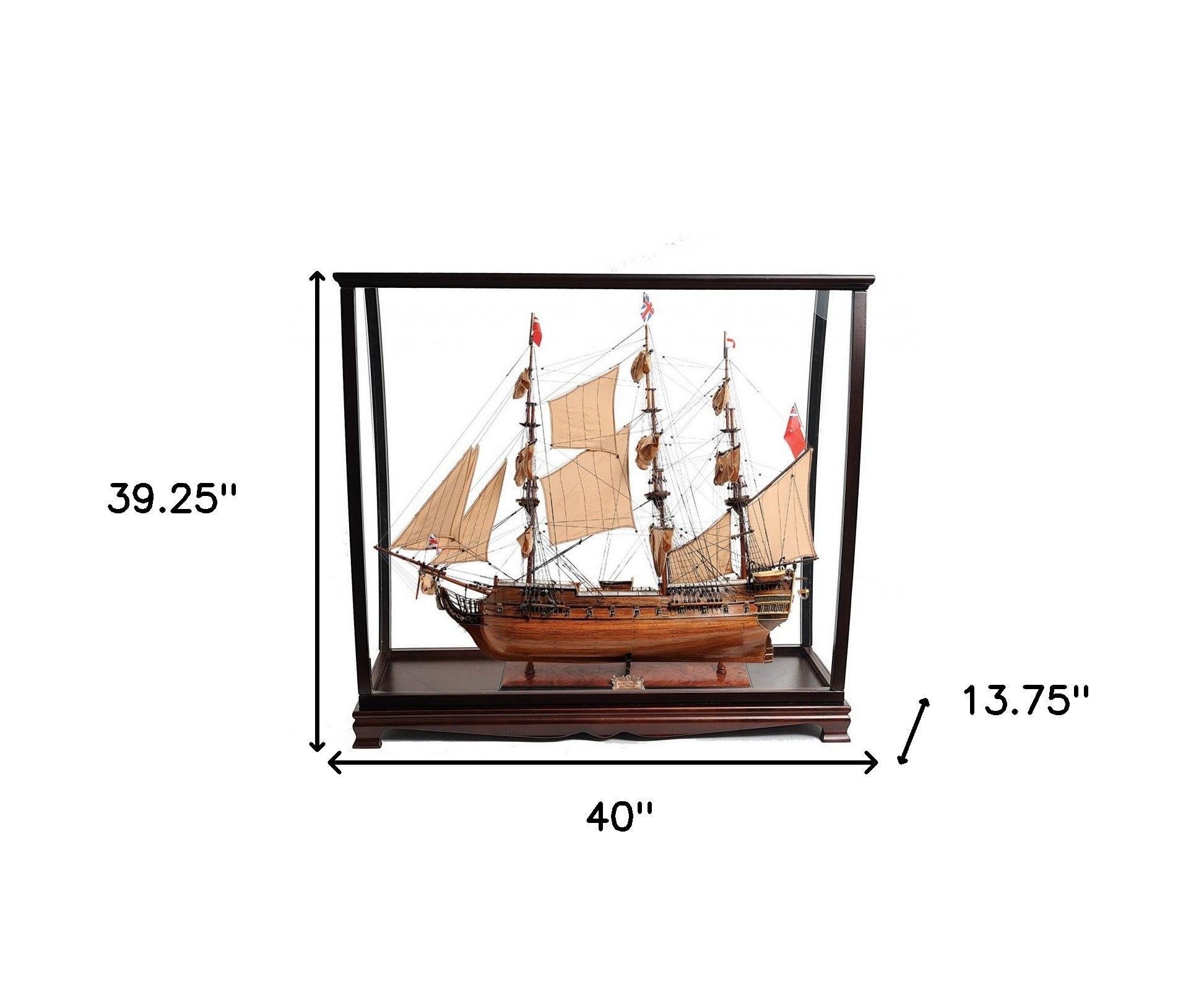 39" Wood Brown HMS Surprise 1796 Table Top Display Case Hand Painted Model Boat