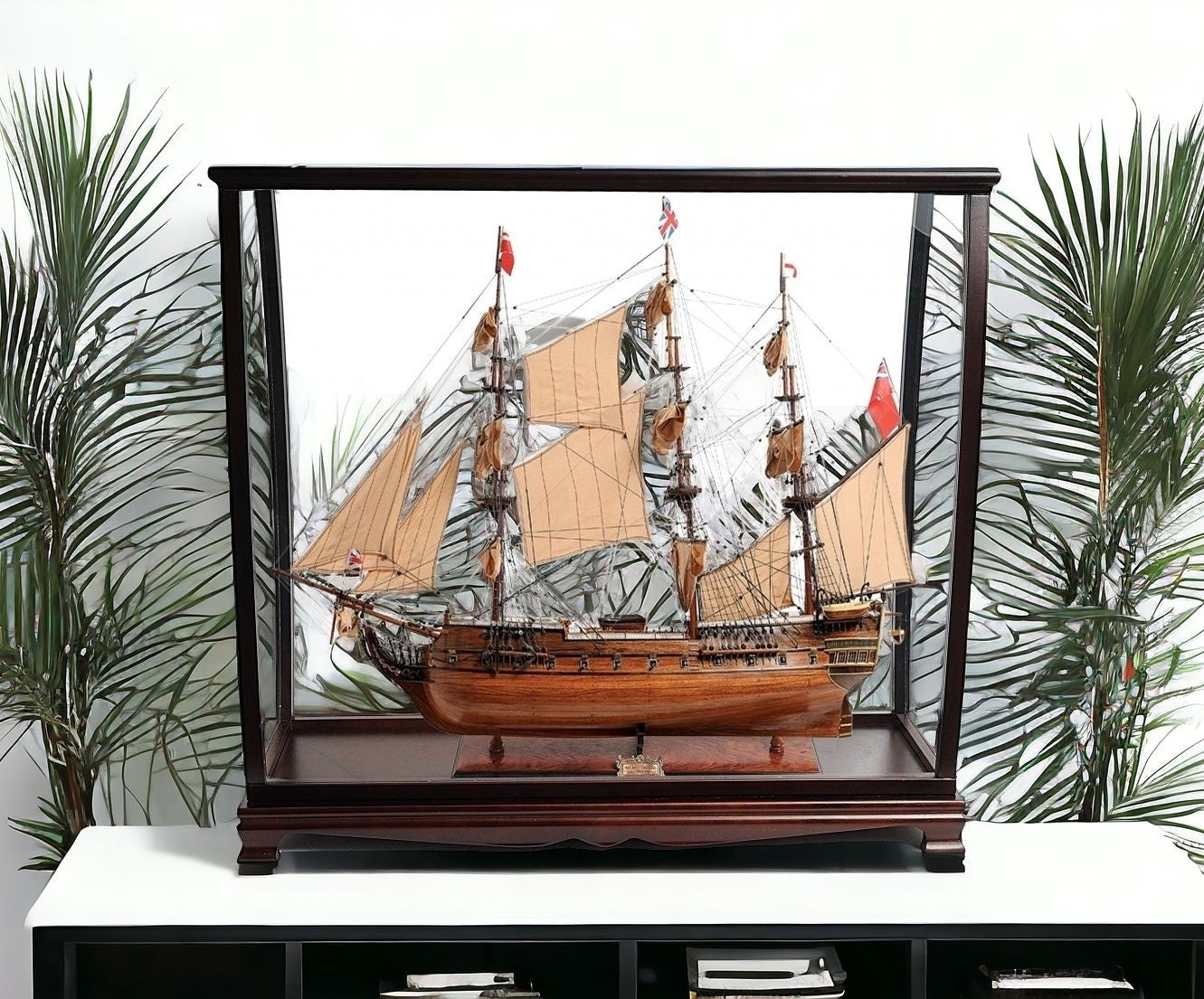 39" Wood Brown HMS Surprise 1796 Table Top Display Case Hand Painted Model Boat