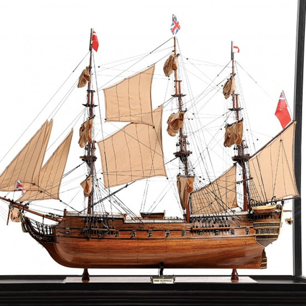 69" Wood Brown HMS Surprise 1796 Hand Painted Decorative Boat with Case